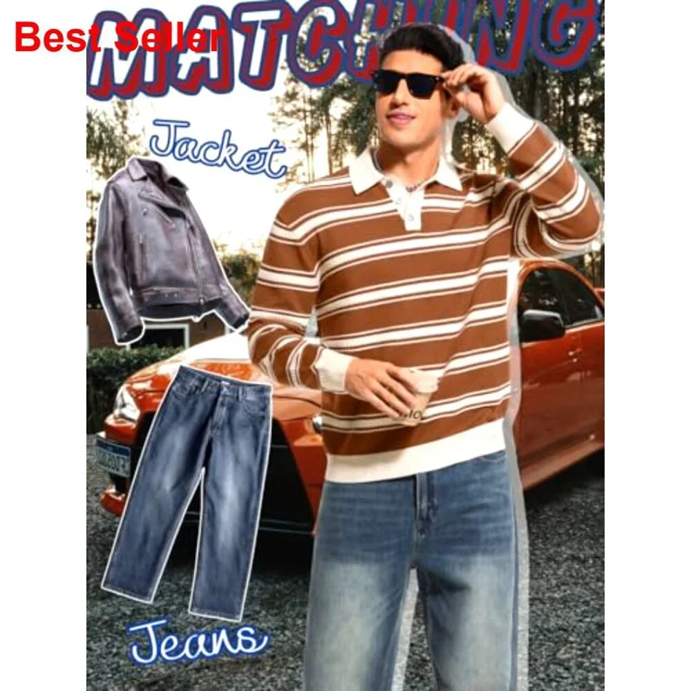 Men's Striped Long Sleeve Polo Sweater, Lightweight Knit Pullover